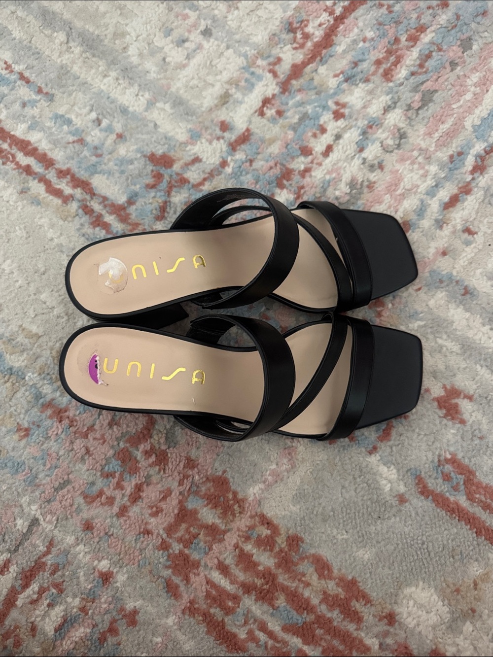 Unisa Black Strappy Square-Toe Slide Heels